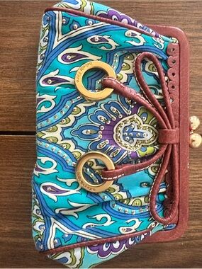 Isabella Fiore Turquoise, Blue & Purple Patterned Clutch with Brown Trim